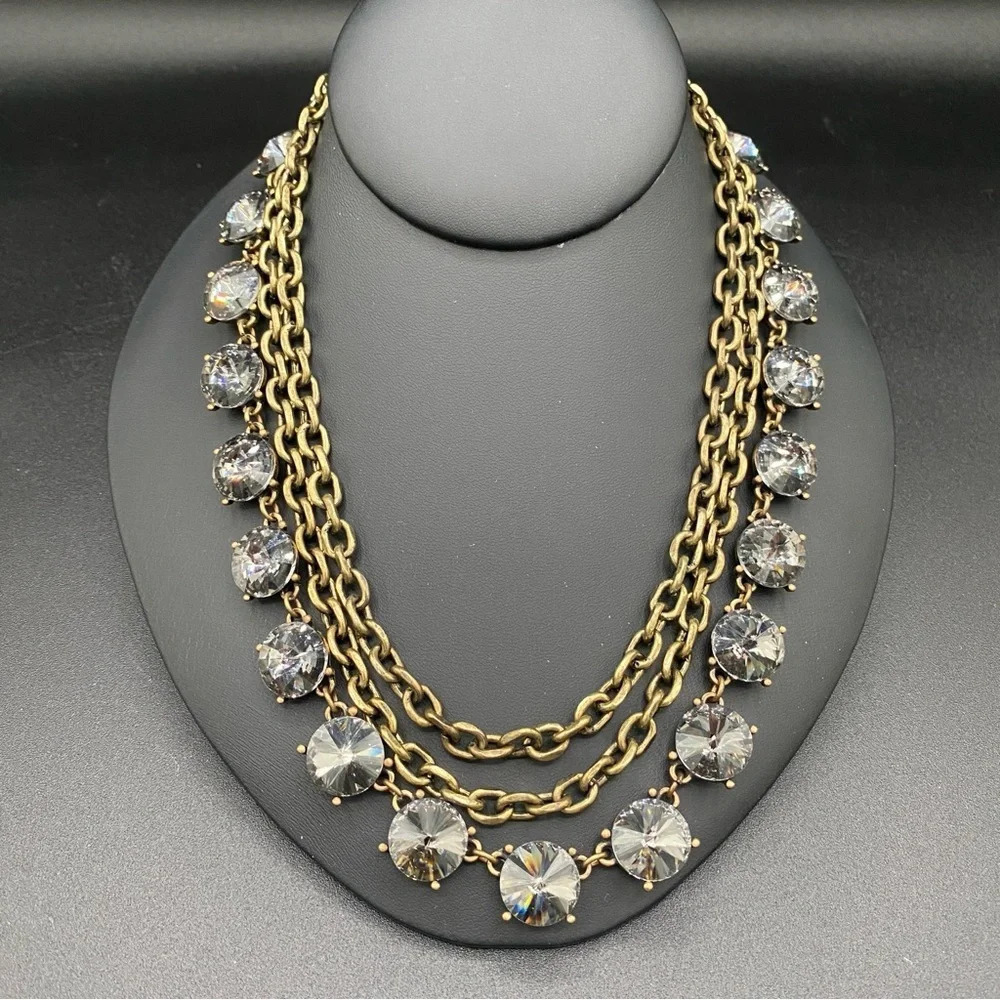 Unique Grey Glass Rhinestone 3 Chain Statement Necklace